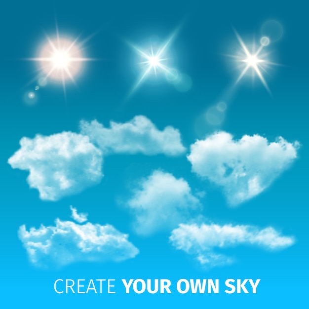 Crea un conjunto de iconos de nubes realistas con nubes aisladas y de colores y rayos de sol