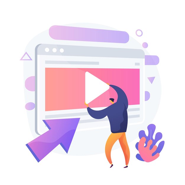Creador de contenido de video, personaje de dibujos animados colorido blogger. Edición, carga, corte de video. Disposición de filmación de video, manipulación. Ilustración de metáfora de concepto aislado de vector