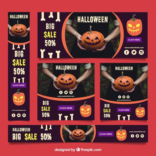 Vector gratuito creativa colección de banners web de rebajas de halloween