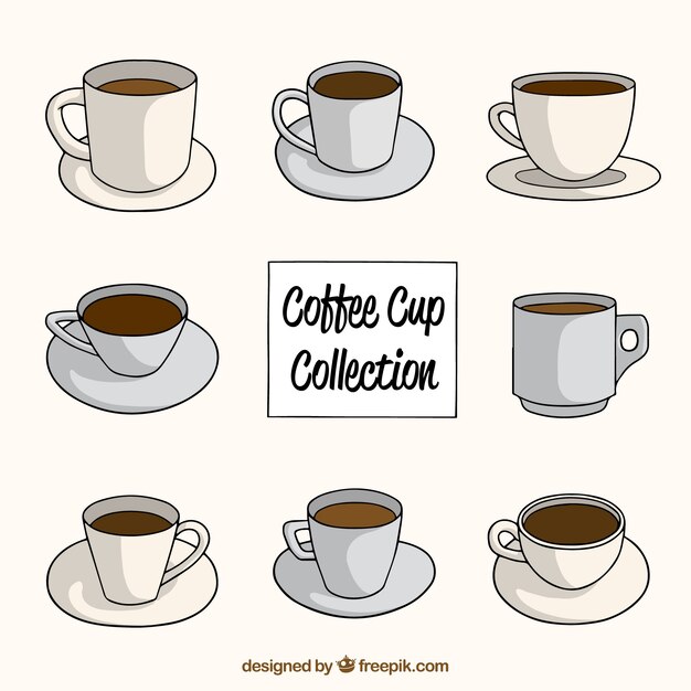 Creativa colección de ocho tazas de café dibujados a mano