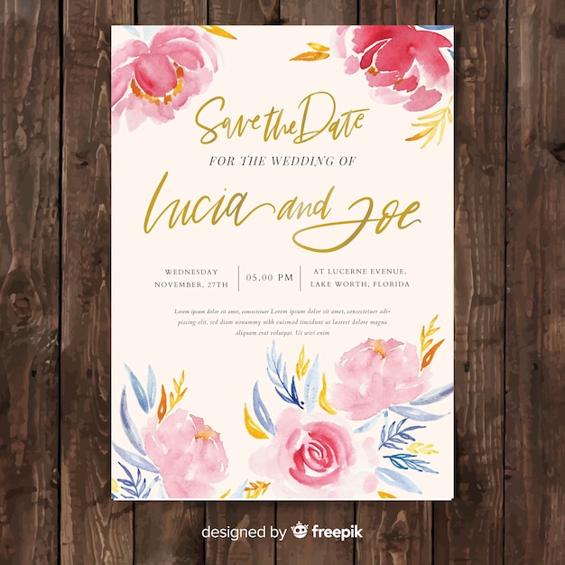 Vector gratuito creativa plantilla de invitación de boda con flores peonía de acuarela