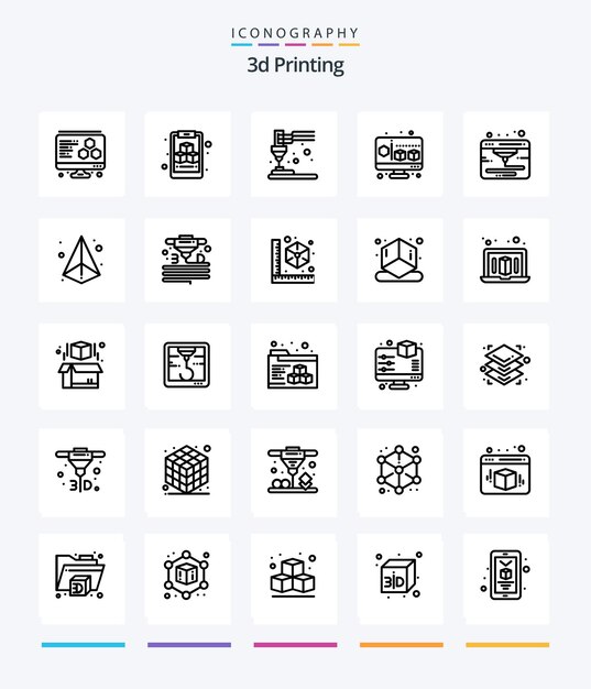 Creative 3d Printing 25 Paquete de iconos de contorno como 3d webd plastic internet gadget