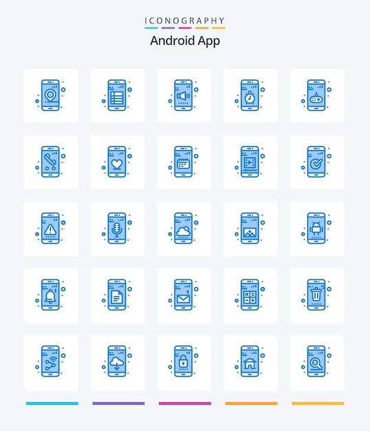 Vector gratuito creative android app 25 paquete de iconos azules como detener el volumen de contacto de lectura móvil