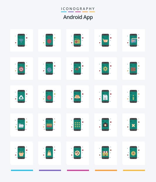 Creative Android App 25 paquete de iconos planos, como el carrito de mensajes de medios móviles de texto