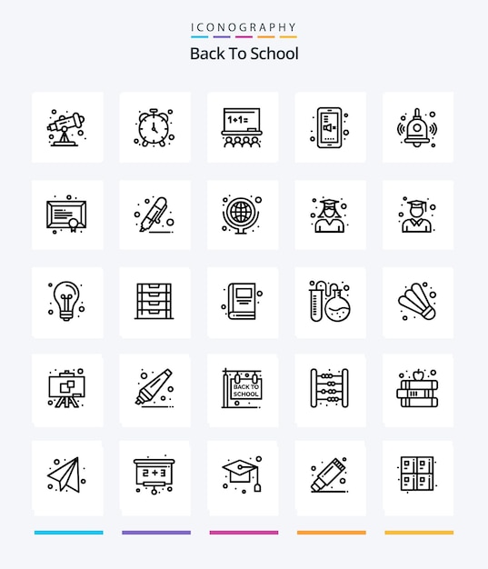 Creative Back To School 25 Paquete de iconos de contorno, como campana de regreso a la escuela, tablero de arte, educación muda