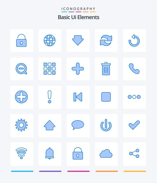 Creative Basic Ui Elements 25 Paquete de iconos azules como eliminar menos rotar la búsqueda hacia abajo