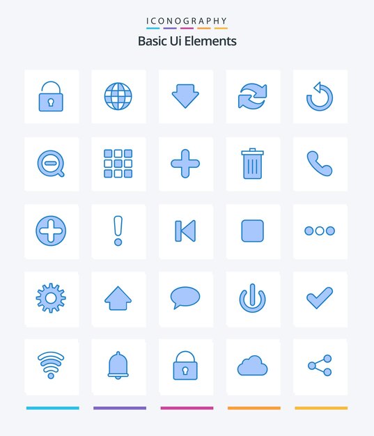 Vector gratuito creative basic ui elements 25 paquete de iconos azules como eliminar menos rotar la búsqueda hacia abajo