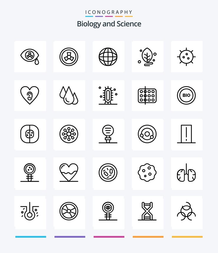 Creative Biology 25 paquete de iconos de contorno como experimento de oído biología química bacterias