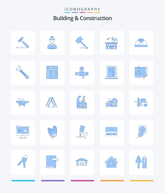 Creative Building And Construction 25 Paquete de iconos azules, como la ley del aeropuerto, la corte de martillos de construcción