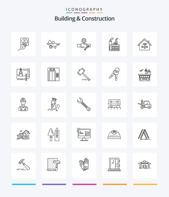Creative Building And Construction 25 Paquete de iconos de contorno, como la construcción de un edificio de reparación de jardines