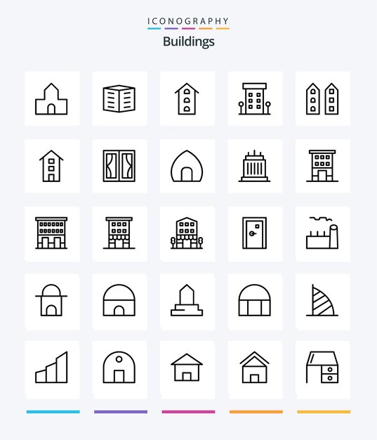 Creative Buildings 25 paquete de iconos de contorno, como el marco del hogar, bloques de oficinas, edificios, tiendas