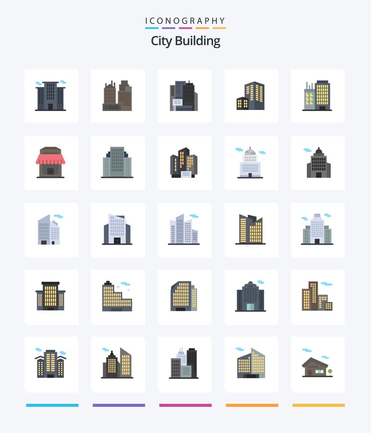 Creative City Building 25 Paquete de iconos planos, como empresa, apartamento, dirección comercial real