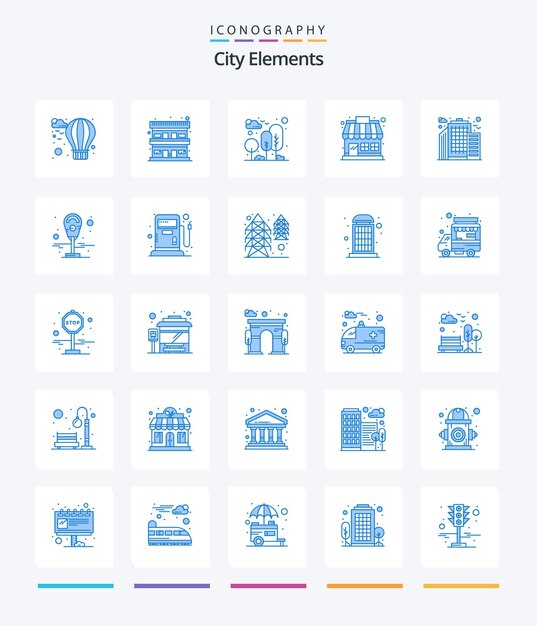 Creative City Elements 25 paquete de iconos azules, como la tienda de la ciudad, el mercado de la tienda de jardín