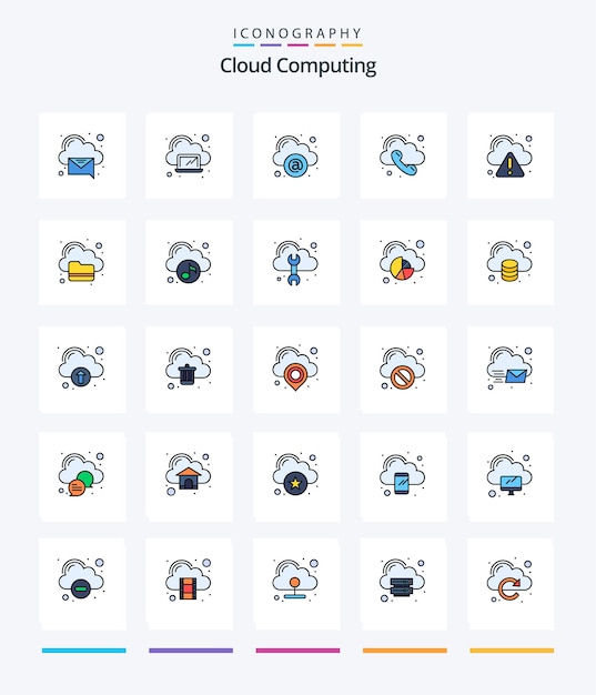 Creative cloud computing paquete de iconos llenos de 25 líneas, como una llamada telefónica de error en la nube