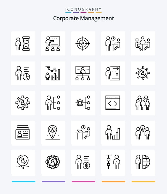 Creative Corporate Management 25 Paquete de iconos de contorno, como reuniones, entrevistas, reclutamiento escolar, marketing