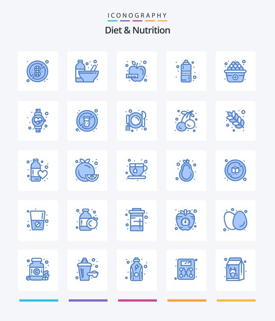 Creative Diet And Nutrition 25 Paquete de iconos azules como la dieta deportiva de manzana de agua de huevo