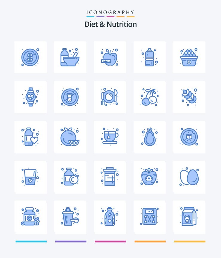 Creative Diet And Nutrition 25 Paquete de iconos azules como la dieta deportiva de manzana de agua de huevo