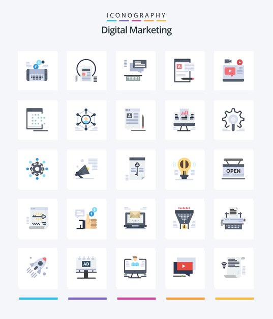 Creative Digital Marketing 25 Paquete de iconos planos, como noticias web, chat de documentos de noticias