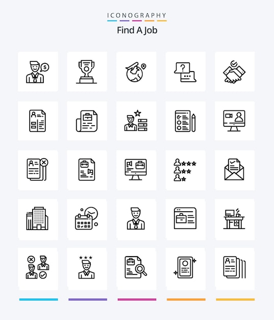 Vector gratuito creative find a job 25 paquete de iconos de contorno, como temas, trabajo de computadora portátil mundial de chat