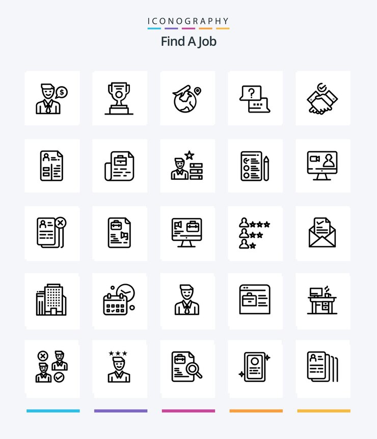 Creative Find A Job 25 Paquete de iconos de contorno, como temas, trabajo de computadora portátil mundial de chat