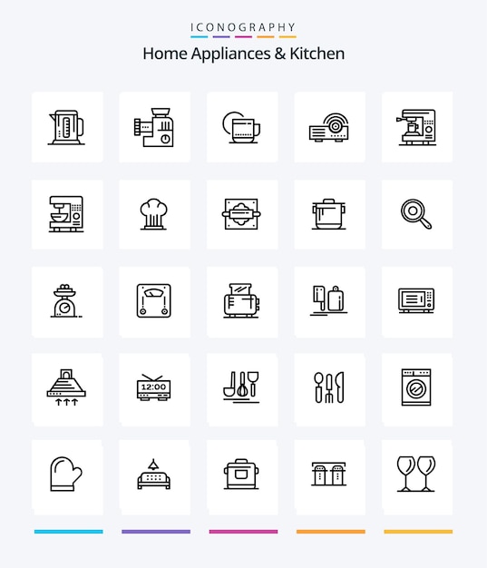Creative Home Appliances And Kitchen 25 Paquete de iconos de contorno, como el manual de servicio de cocina, el té del hotel