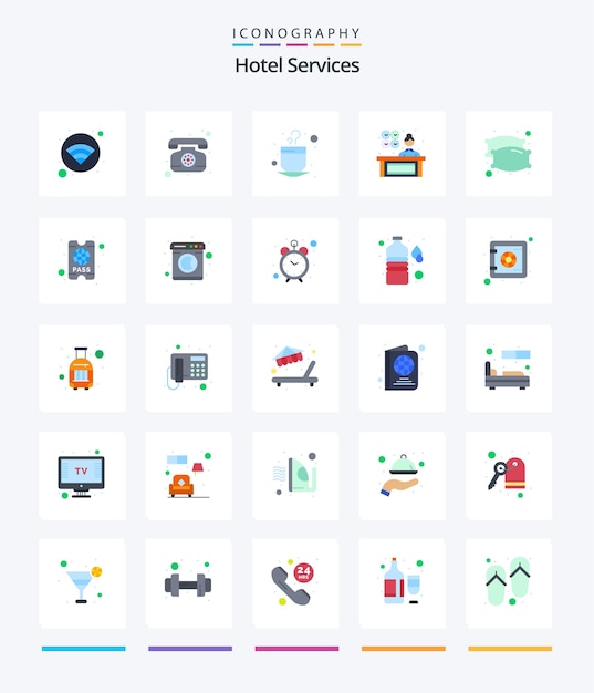 Creative Hotel Services 25 Paquete de iconos planos, como almohadas, copa de ensueño, gerente de recepción