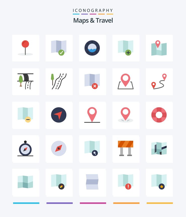 Creative Maps Travel 25 Paquete de iconos planos, como la ubicación del pin de agua en la carretera de viaje