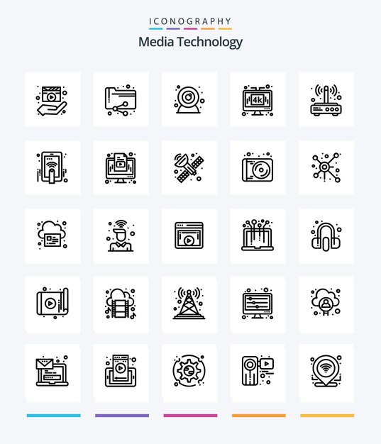 Creative Media Technology 25 paquete de iconos de contorno, como carpeta de tecnología de módem, computadora de medios