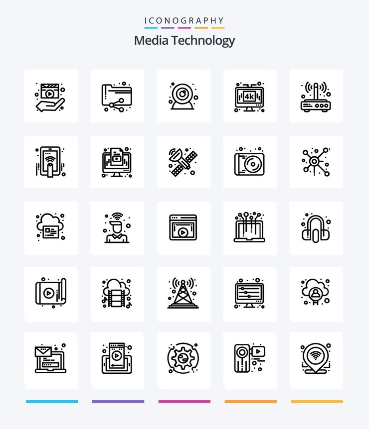 Creative Media Technology 25 paquete de iconos de contorno, como carpeta de tecnología de módem, computadora de medios