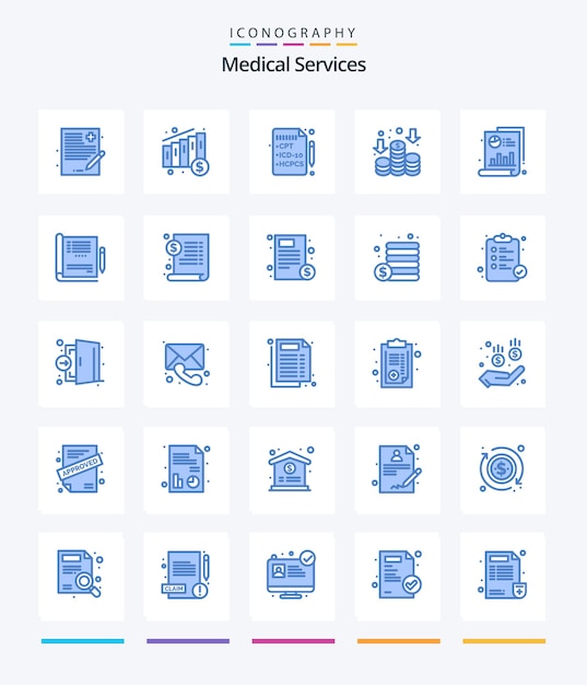 Creative medical services 25 paquete de iconos azules, como gráfico médico, barra de seguros, dinero