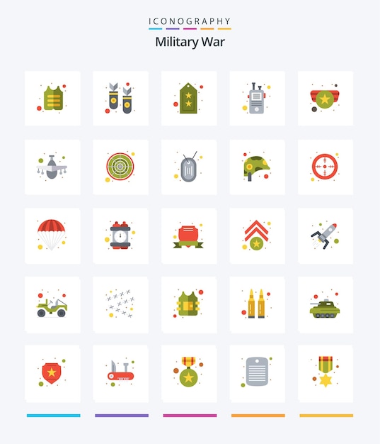 Creative military war 25 paquete de iconos planos como insignia walkie ejército talkie comunicación