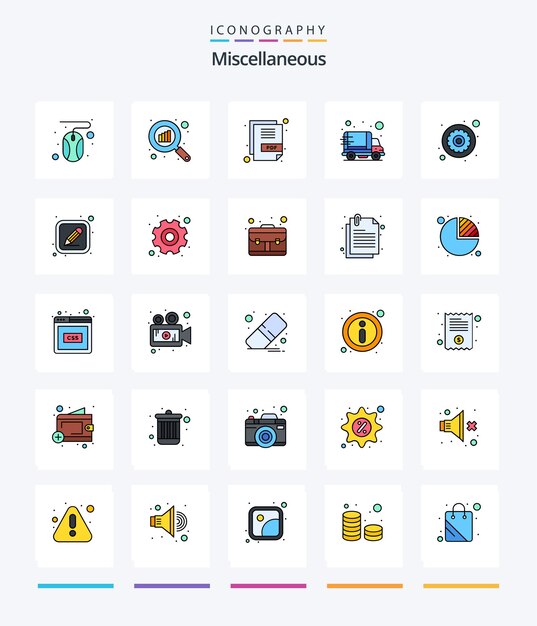 Creative Miscellaneous 25 Line Filled icon pack Tales como configuraciones entrega rápida de camiones de archivos