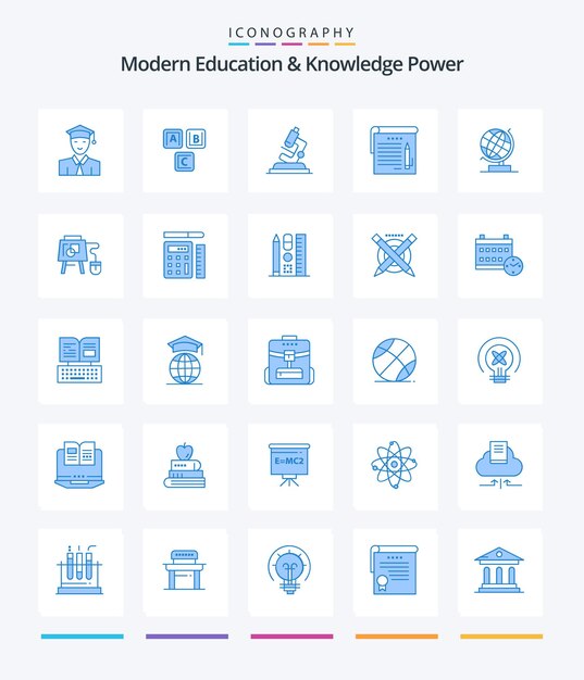 Creative Modern Education And Knowledge Power 25 Paquete de iconos azules como notas de conocimiento de notas mundiales zoom