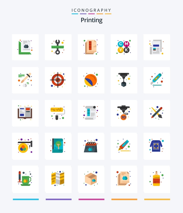 Vector gratuito creative printing 25 paquete de iconos planos, como noticias, escala de colores, impresión cmyk