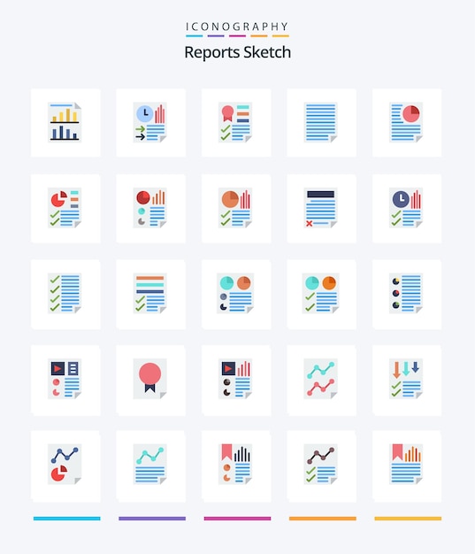 Creative Reports Sketch 25 Paquete de iconos planos como página de informe de datos de página