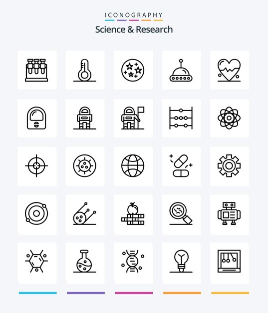 Creative Science 25 paquete de iconos de contorno, como traje, astronauta, estrellas, ciencia, ritmo