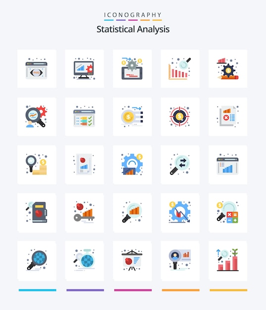 Creative Statistical Analysis 25 Paquete de iconos planos, como análisis financiero, gestión de datos de engranajes, proceso de análisis financiero