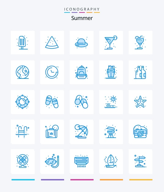 Vector gratuito creative summer 25 paquete de iconos azules, como bebida de hielo de moda de paja de globo