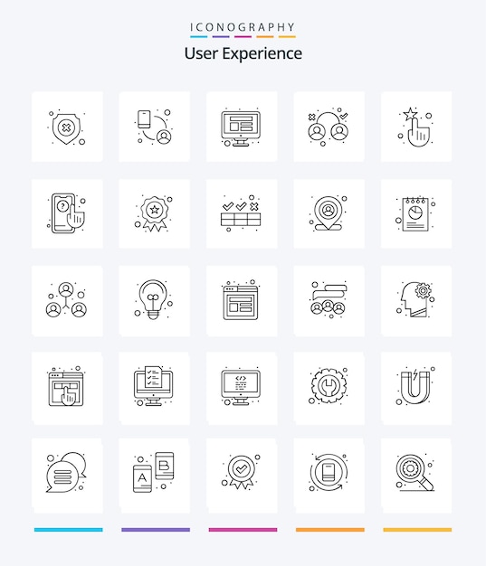 Creative User Experience 25 Paquete de iconos de contorno, como interfaz, experiencia de usuario de computadora de redes sociales