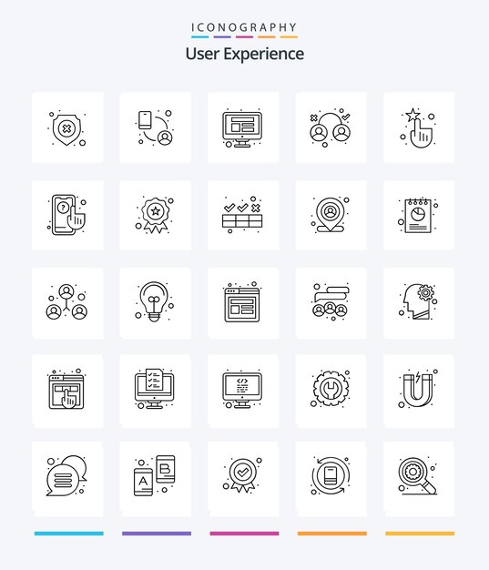 Creative User Experience 25 Paquete de iconos de contorno, como interfaz, experiencia de usuario de computadora de redes sociales