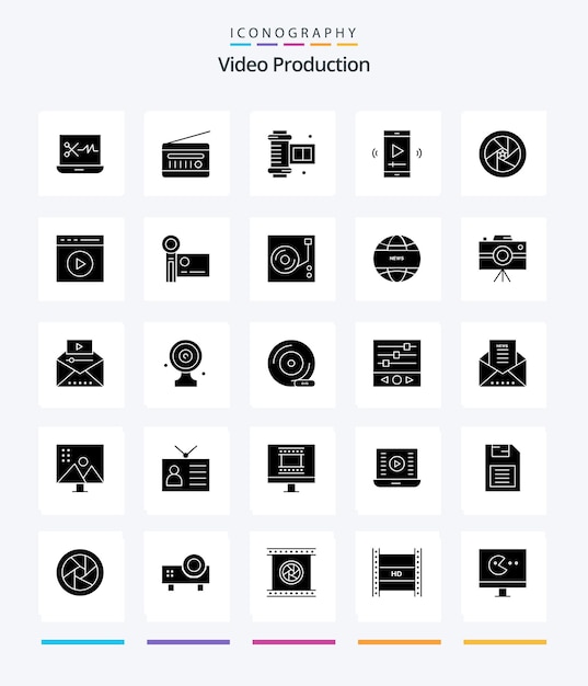 Creative Video Production 25 Glyph Solid Black icon pack, como la aplicación de reproductor de video, pantalla de película de radio vintage multimedia