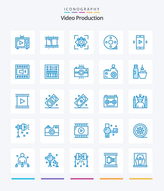 Creative Video Production 25 Paquete de iconos azules, como claqueta, cinematografía, acción, vista de claqueta