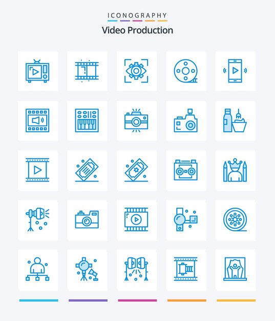 Creative Video Production 25 Paquete de iconos azules, como claqueta, cinematografía, acción, vista de claqueta