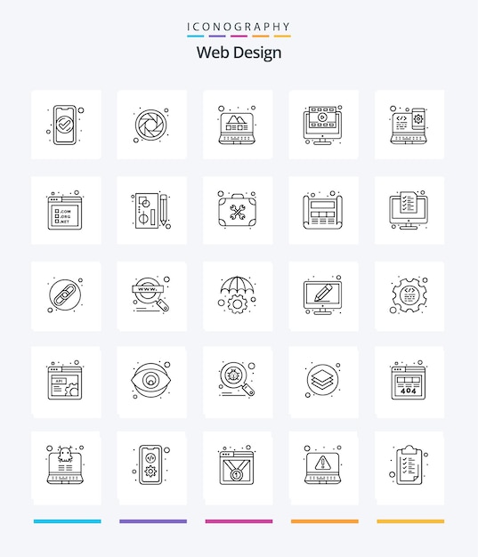 Creative Web Design 25 paquete de iconos de contorno, como un navegador de video de galería en línea receptivo