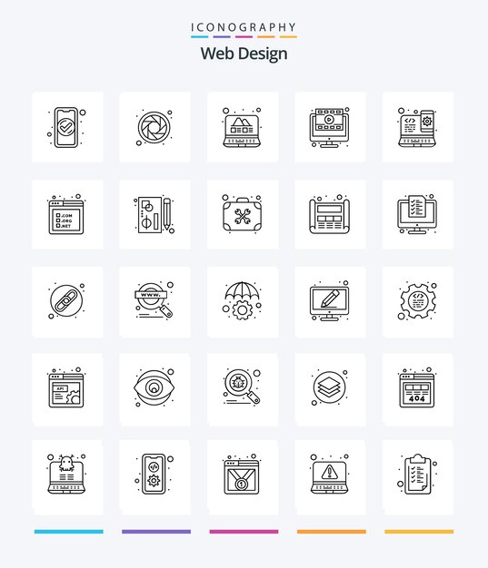 Creative Web Design 25 paquete de iconos de contorno, como un navegador de video de galería en línea receptivo