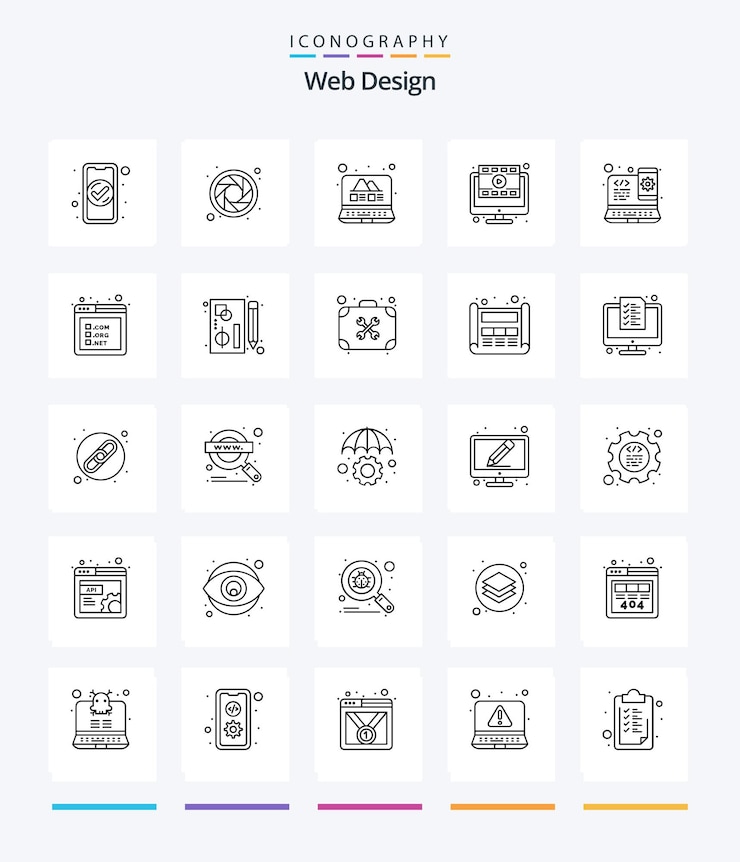 Creative Web Design 25 paquete de iconos de contorno, como un navegador de video de galería en línea receptivo