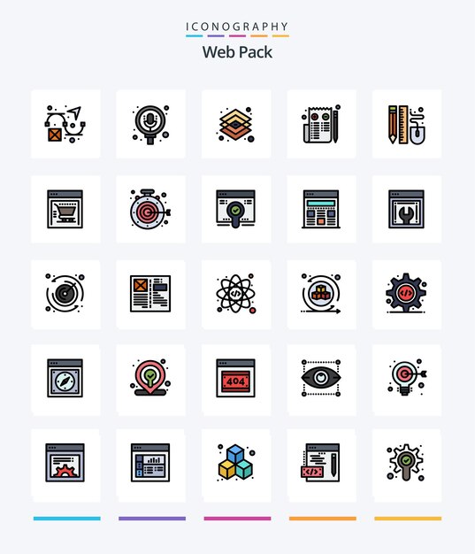 Creative Web Pack Paquete de iconos rellenos de 25 líneas, como el navegador de páginas de diseño web del mouse