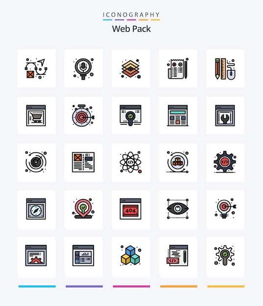 Creative Web Pack Paquete de iconos rellenos de 25 líneas, como el navegador de páginas de diseño web del mouse