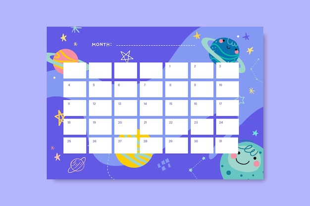 Vector gratuito creativo calendario diario de galaxias infantil.