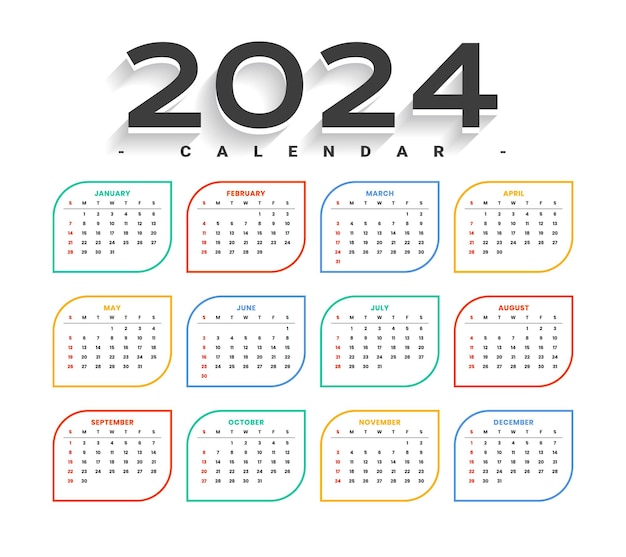creativo y colorido vector de plantilla de calendario inglés de año nuevo 2024